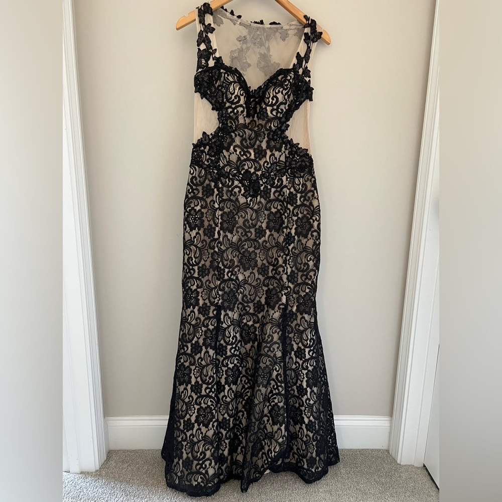 Masquerade lace black and sheer mermaid style floor length formal prom dress